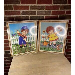 2 Vintage 70's Raggedy Ann & Andy Cork Lithograph Art Prints Stapco, NY by Lyn